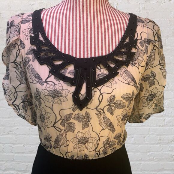 Eva Franco Dresses & Skirts - Anthropologie Whimsical Silk Dress Birds Flowers Retro Pencil Eva Franco Size 4